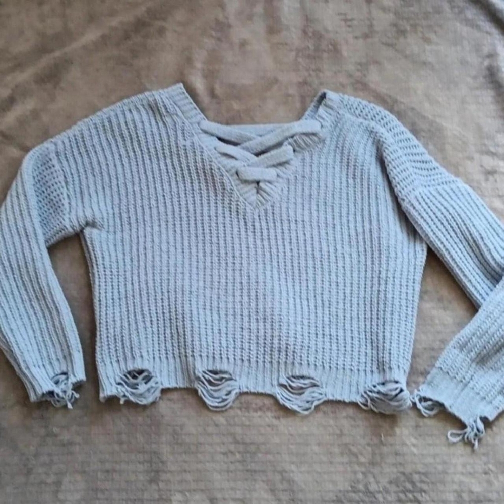 Grunge Zombie Apocalypse Distressed Cropped Sweater Ripped Shredded Medium